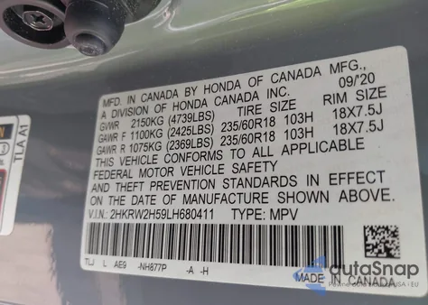 2020 Honda Cr-V Ex из США, поврежденный, VIN 2HKRW2H59LH680411